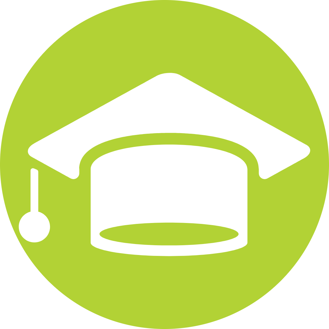 A circular green icon that has a graduation cap in the middle