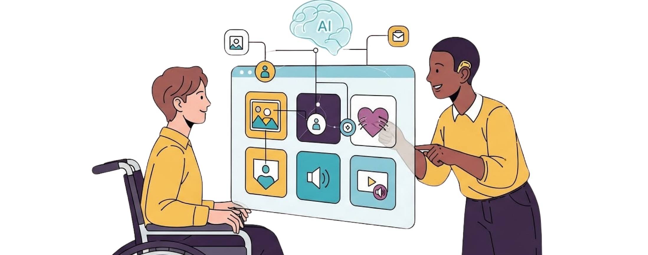 Person in a wheelchair and another with hearing assistance using a virtual screen between the two of them