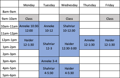 EGEN 205 weekly tutor schedule in table format