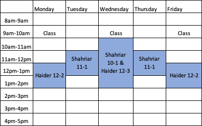 EGEN 205 schedule shown in weekly table format