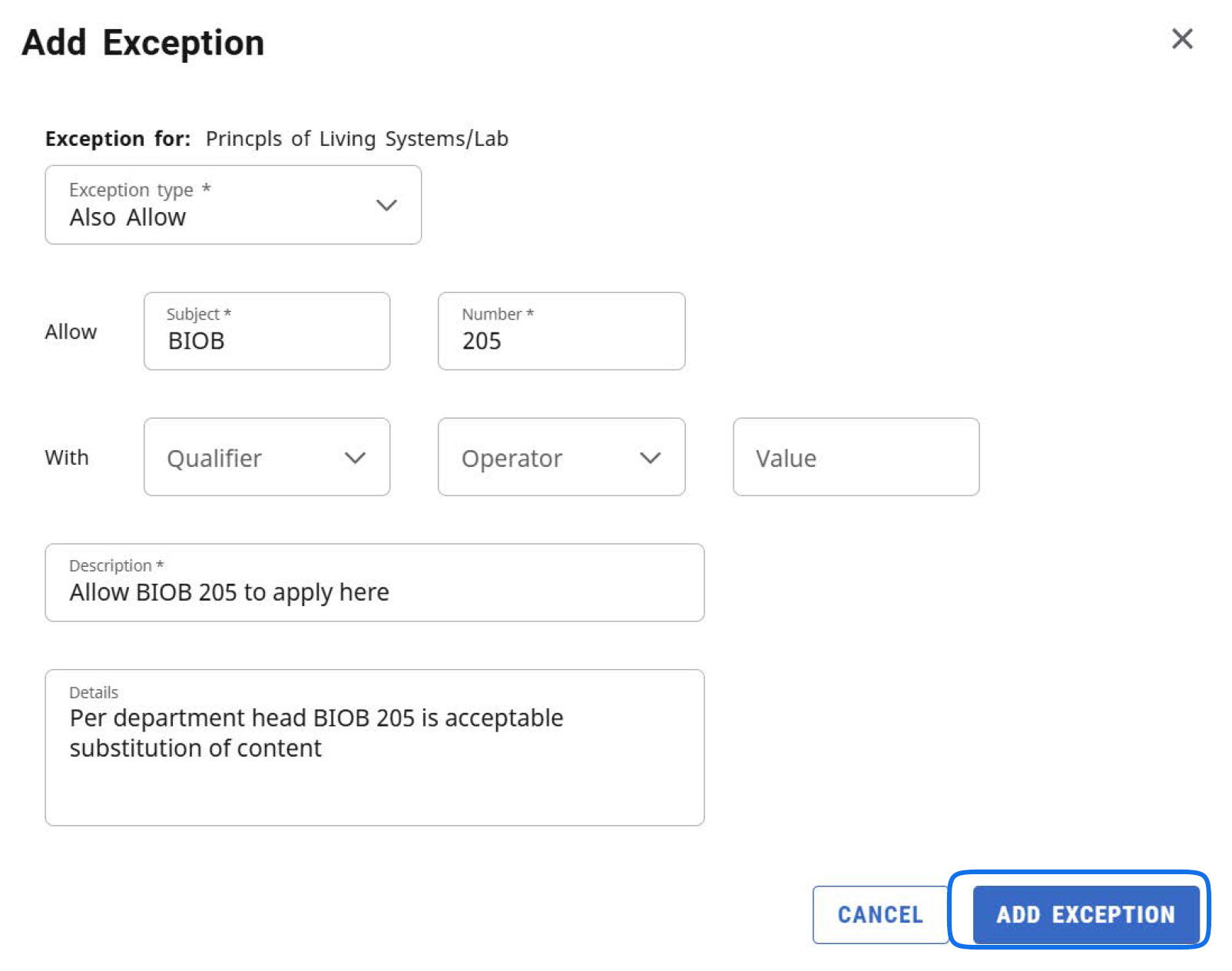 click add exceptions button