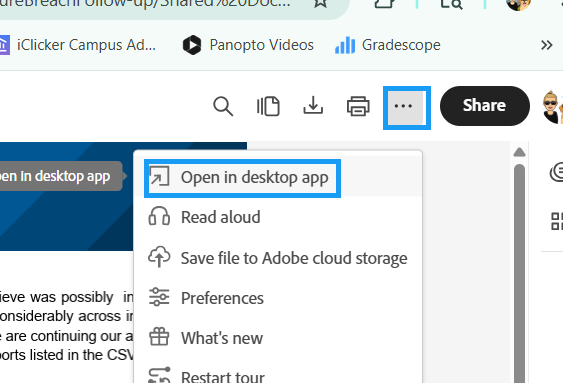 Button in the top-right corner of an Adobe Acrobat document that opens the document in the desktop version