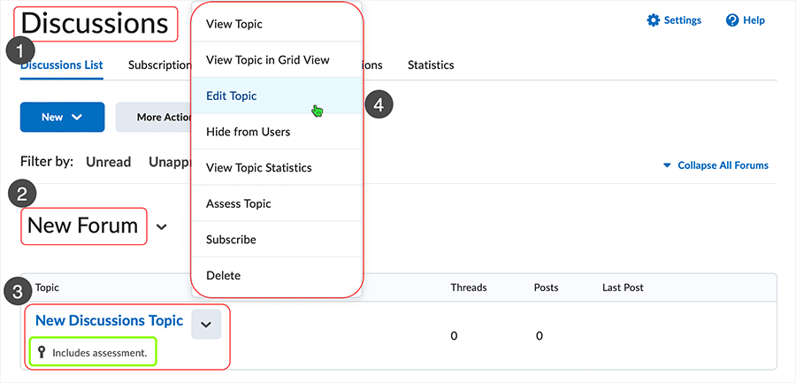 Brightspace screenshot 20.23.04 - display in the Discussions area of a discussions forum with a topic