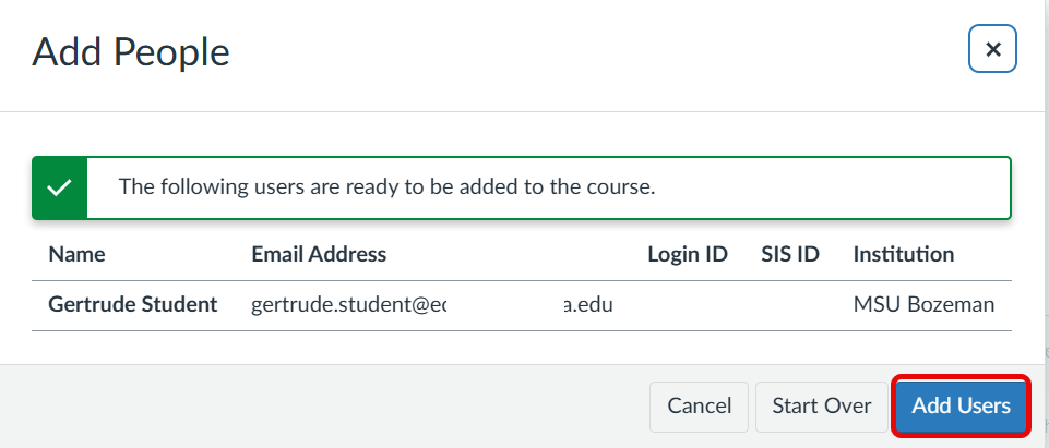 Canvas Add People confirmation window showing a successful user lookup. The selected user is listed with their name and email address, and the Add Users button is outlined in red to complete the enrollment.