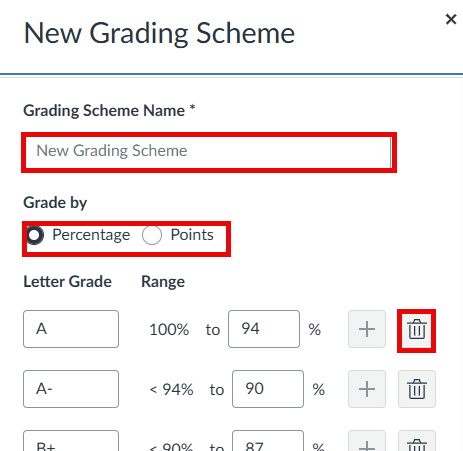 New Grading Scheme window with various fields to enter for a personalized scheme