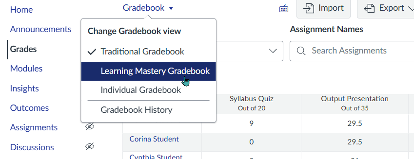 Grades area showing the Learning Mastery Gradebook option