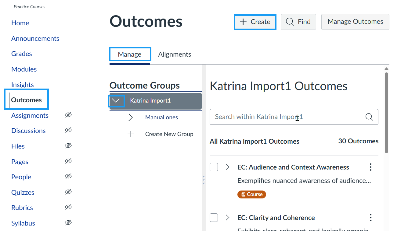 Canvas Outcomes page showing options to create new outcomes or manage outcomes in the course
