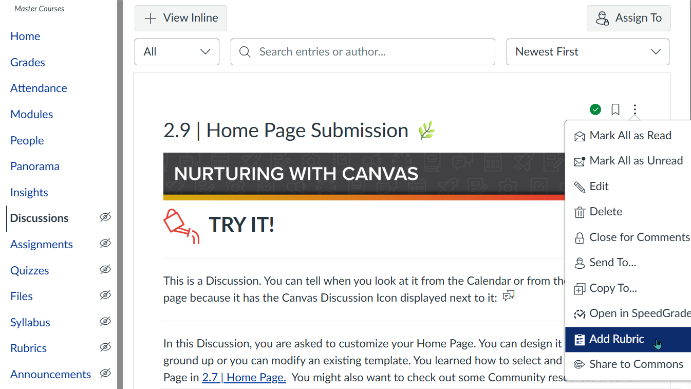 Discussion area with the 3 dots choosen for a specific discussion and the option to Add Rubric in focus