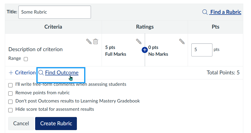 Rubric in Canvas with the "Find Outcomes" option selected