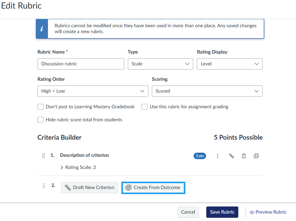 Canvas Edit Rubric page showing the Criteria Builder section with the Create From Outcome button highlighted