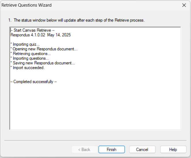 Respondus retrieval window with the finish button in focus