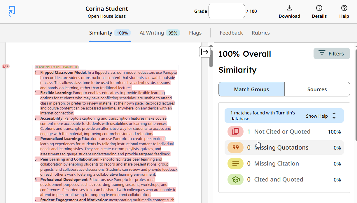Turnitin Feeback Studio with a full image of the student's paper and buttons above to view reports and edit
