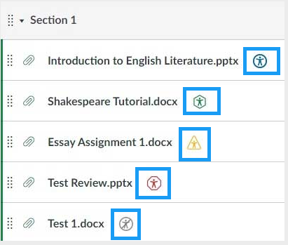 List of several activities in Canvas with varying icons next to each with a little man icon in different colors red, green, yellow, and blue
