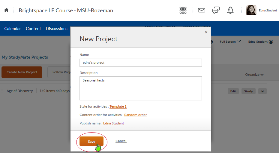 Brightspace_StudyMate screenshot 20.19.10 - name the project and give it a description (optional) - then select "Save" button