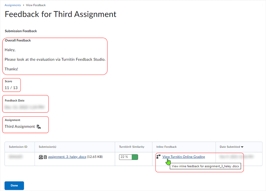 Brightspace screenshot 20.22.11 - shows "Feedback for Third Assignment" page and selection of "View Turnitin Online Grading" feedback link