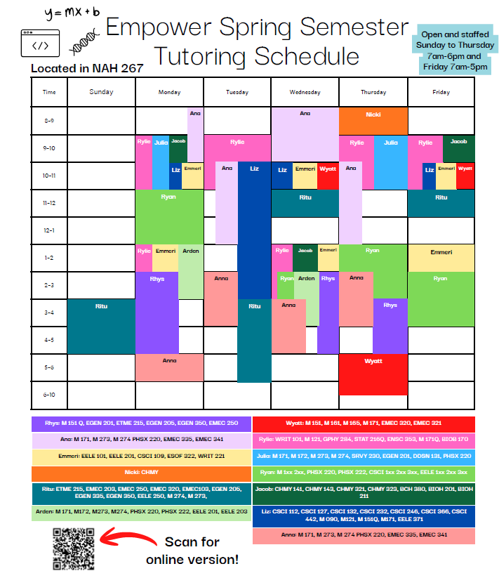Spring 2026 tutoring schedule