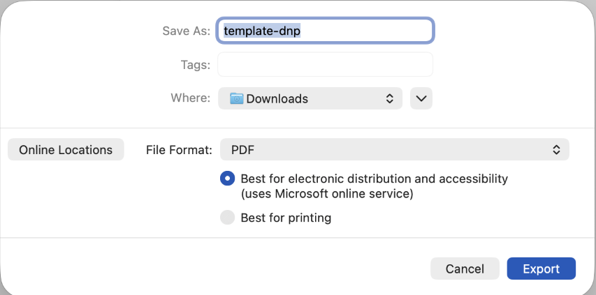 Image of the Mac version of Word showing the option for "Best for electronic distribution"