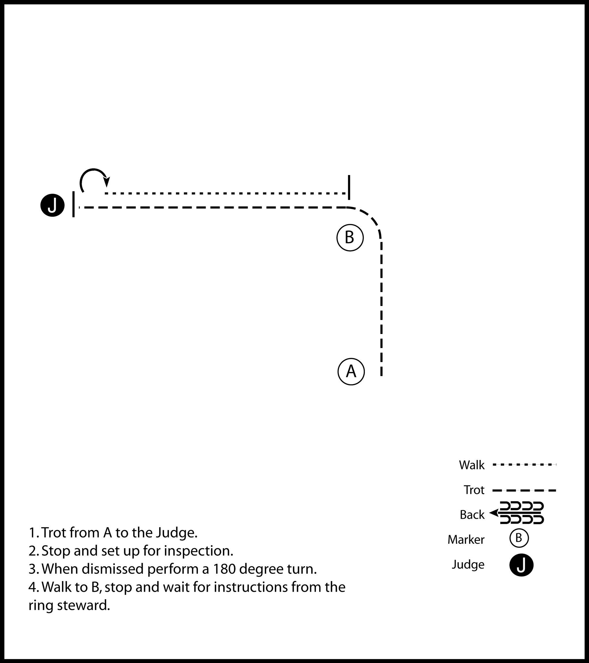 This image is a diagram of a showmanship pattern involving a judge and a participant that is instructed to trot, stop to set up for inspection in front of judge, and when dismissed perfrom a 180 degree turn.