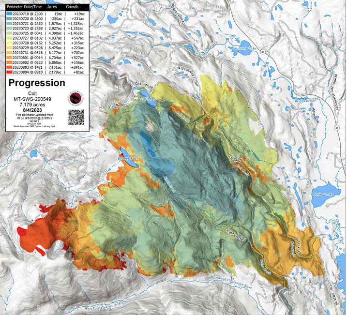 Map displaying Colt Fire progression map with different colors for each date and time.