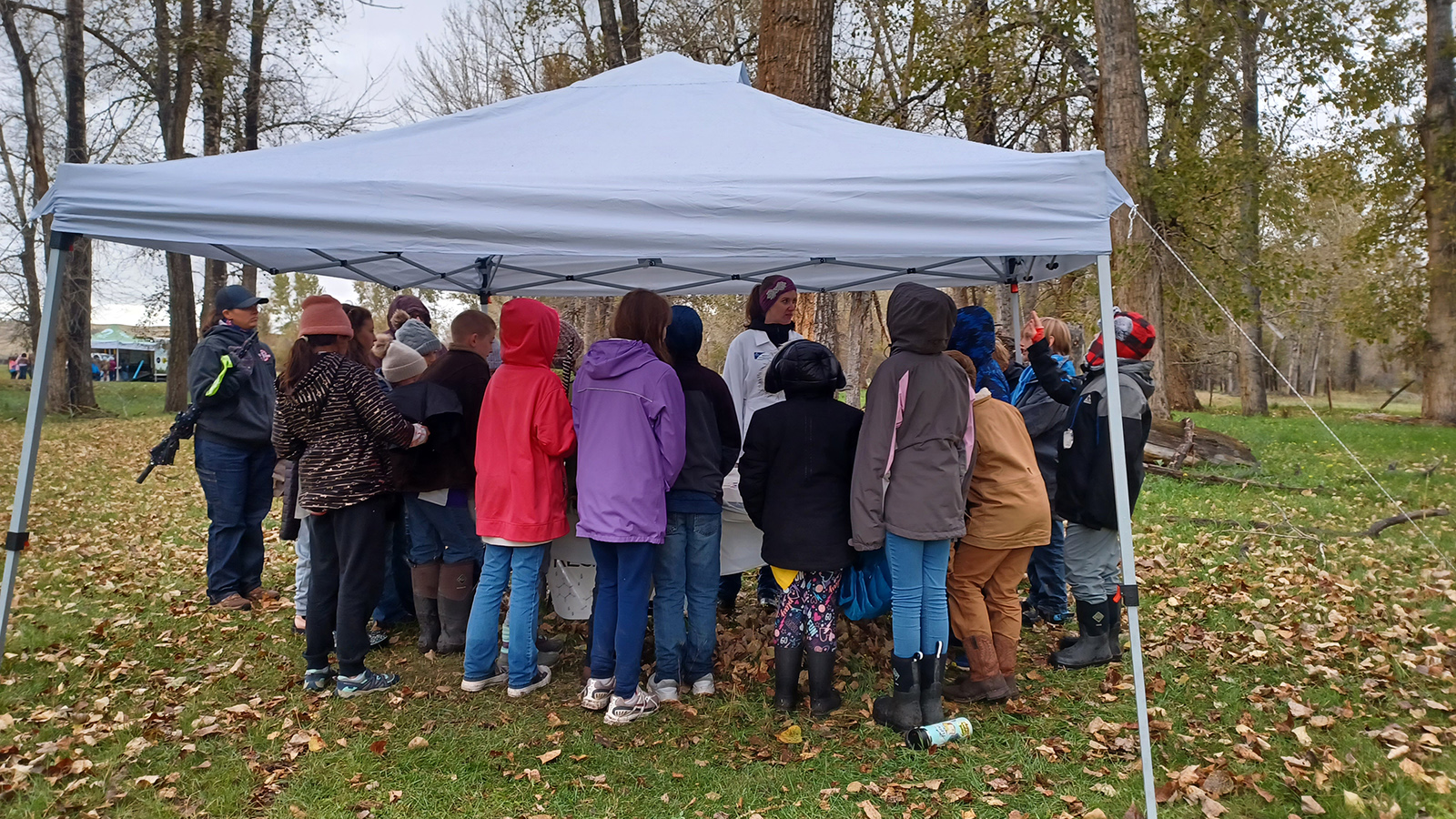 A group of youth stand under a tent gathered around a table.