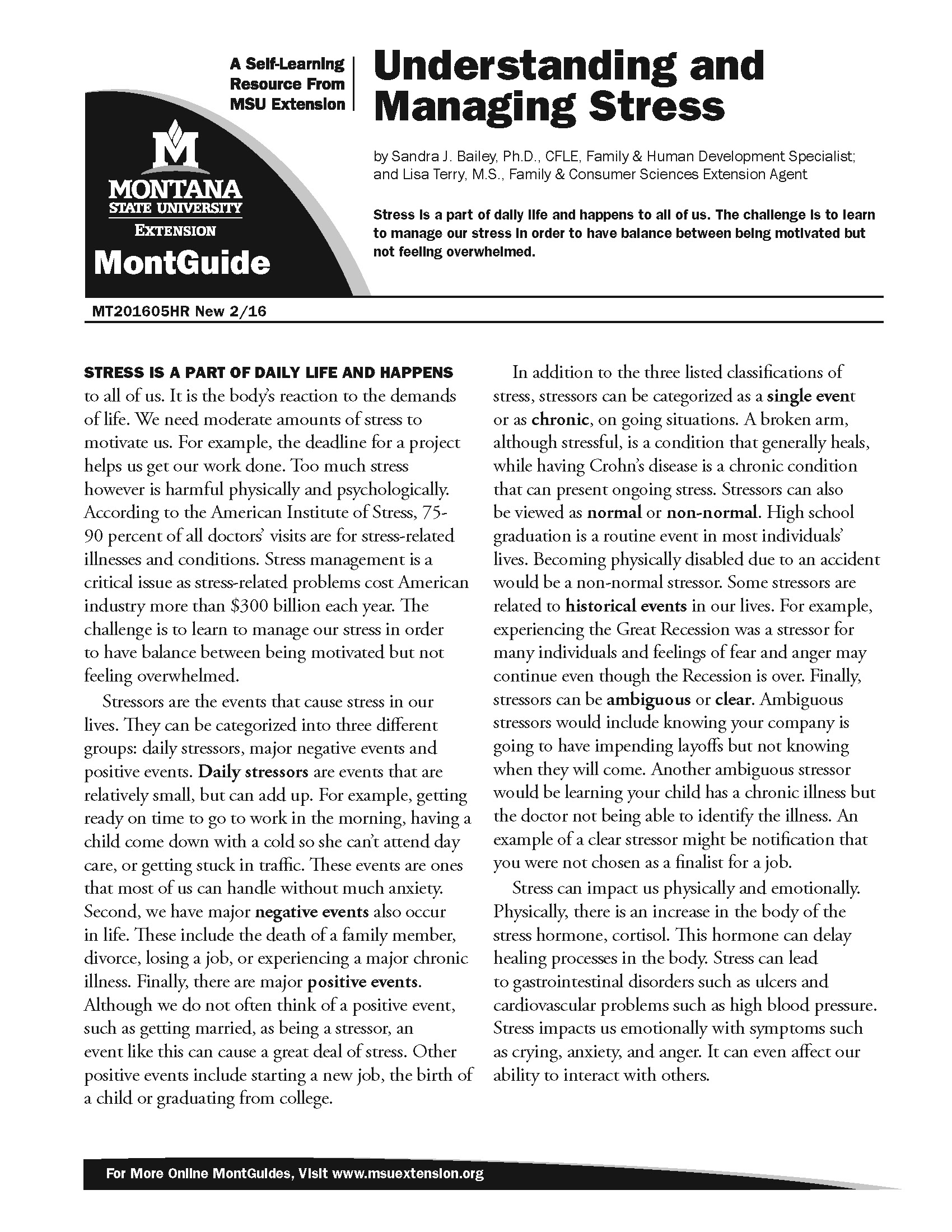 The first page of a PDF. It is completely text, with a title at the top that says "Understanding and Managing Stress" Contact Jennifer Munter for accessible options.