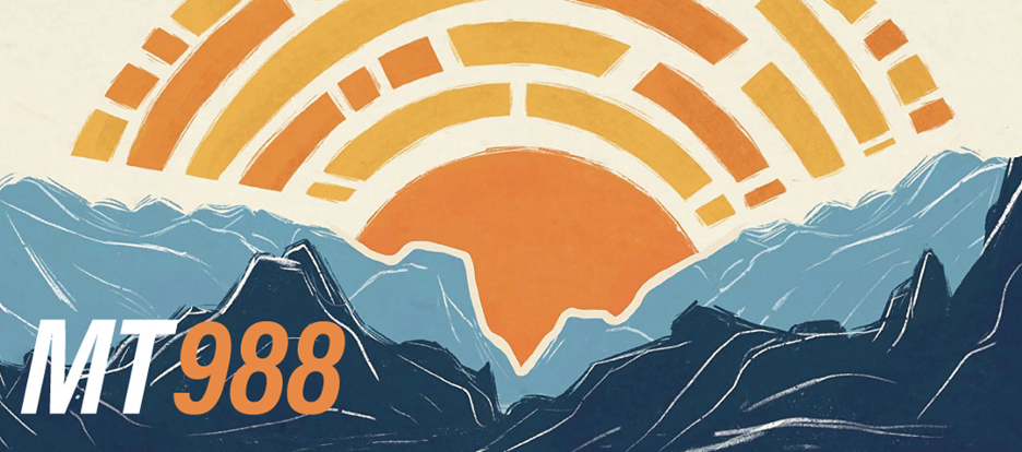 A drawing of blue mountains forming a canyon, with a large sun in the background