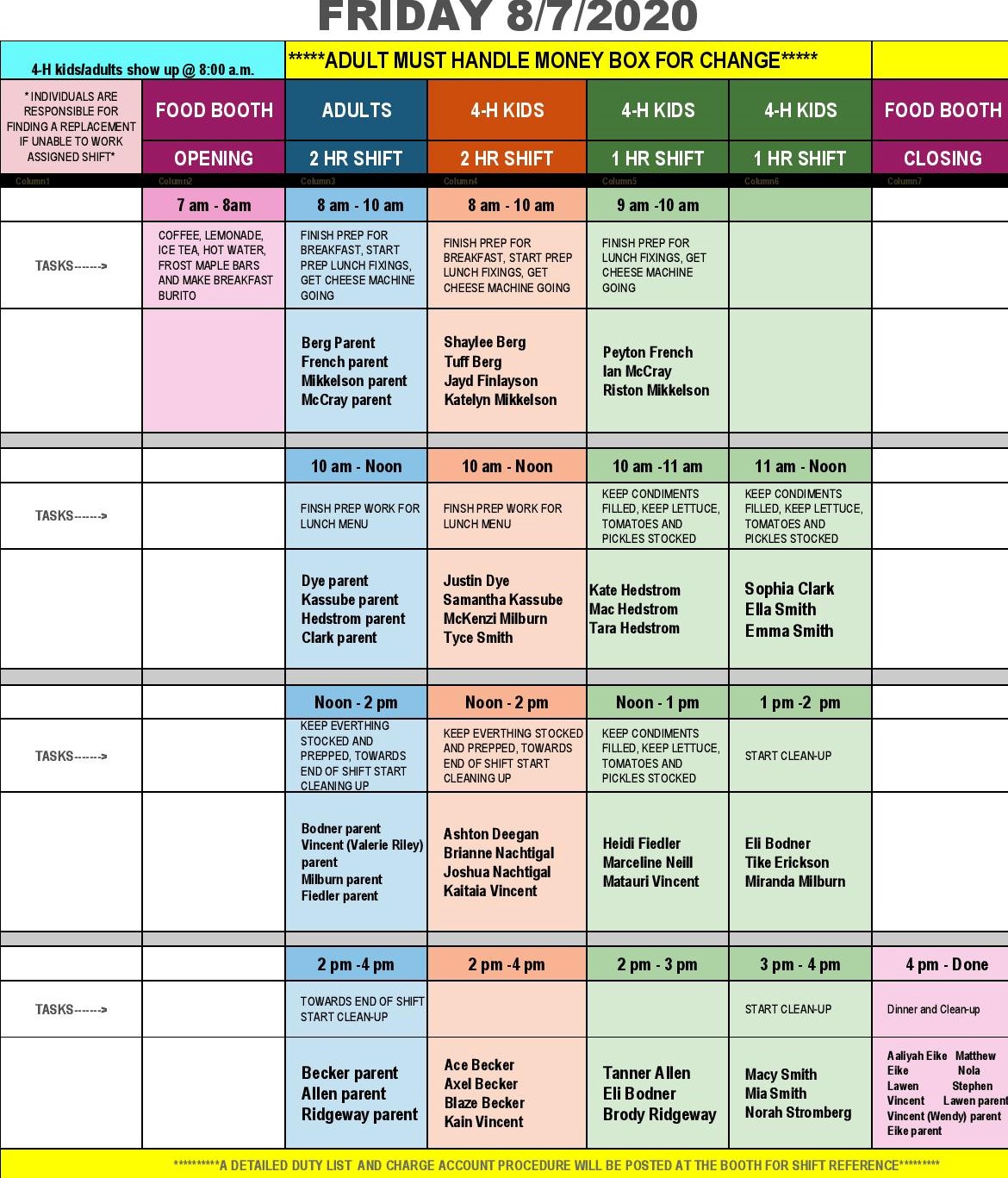 Friday Food Booth Schedule