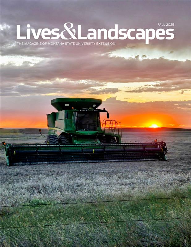 Magazine cover features a combine tractor in a field at sunset.