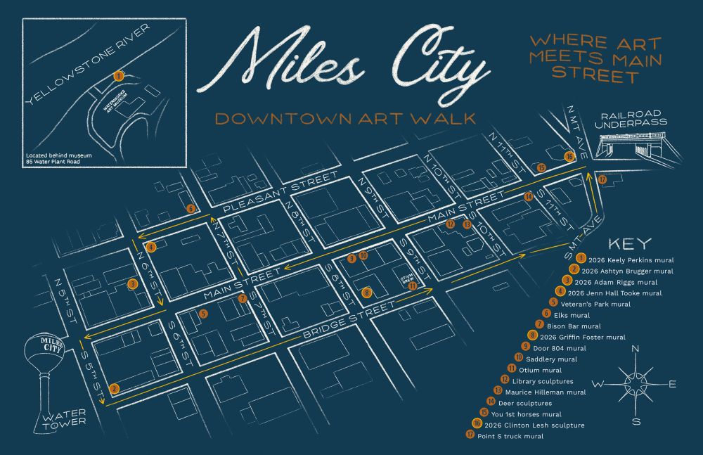 Map titled 'Miles City Downtown Art Walk' highlighting mural and sculpture locations along a designated walking route.