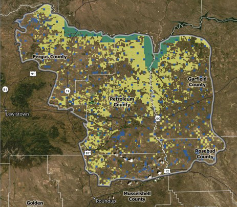 Map of Petroleum County and parts of surrounding counties showing a color-coded land-use or property ownership pattern across the region.