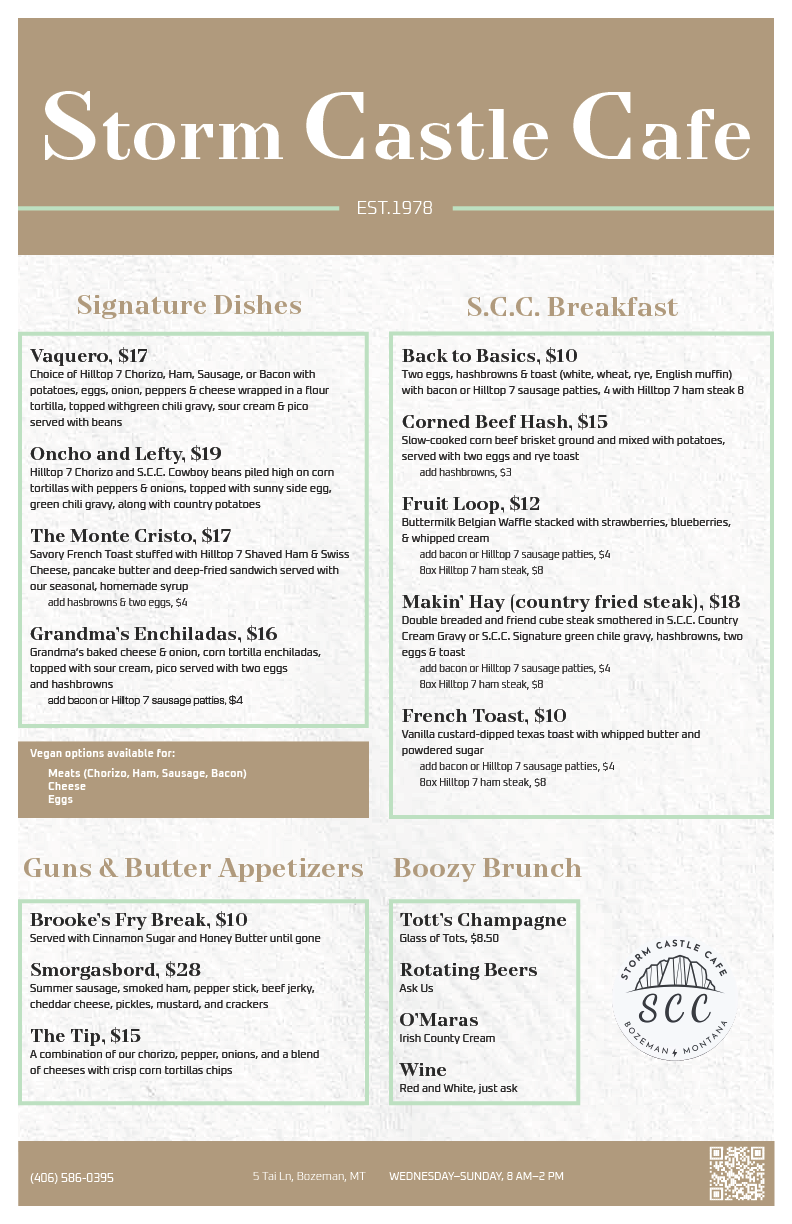 brown and green-accented cafe menu with textured beige background featuring signature dishes, breakfast, appetizers, and boozy brunch