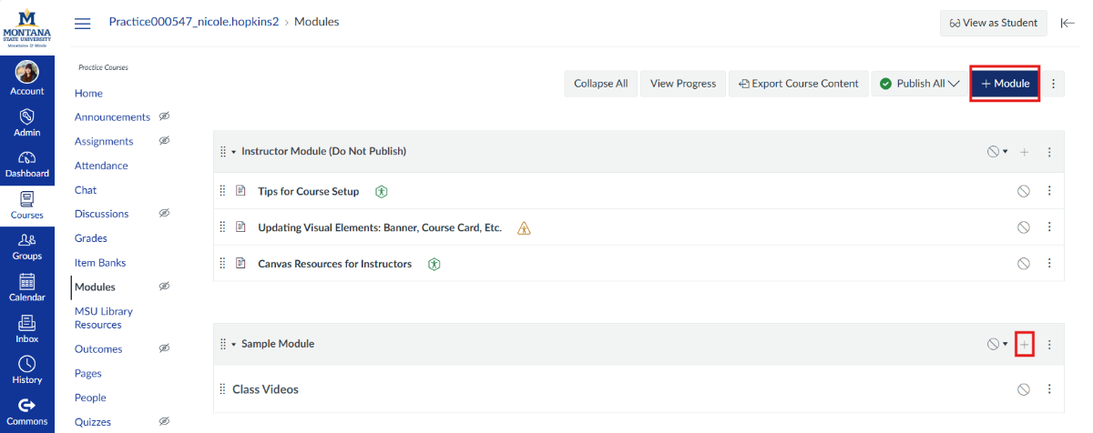 Content add and plus module highlighted