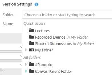 Panopto session settings window