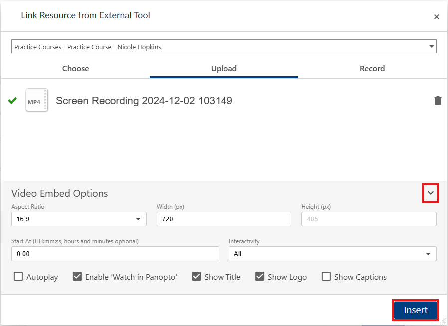 upload insert options