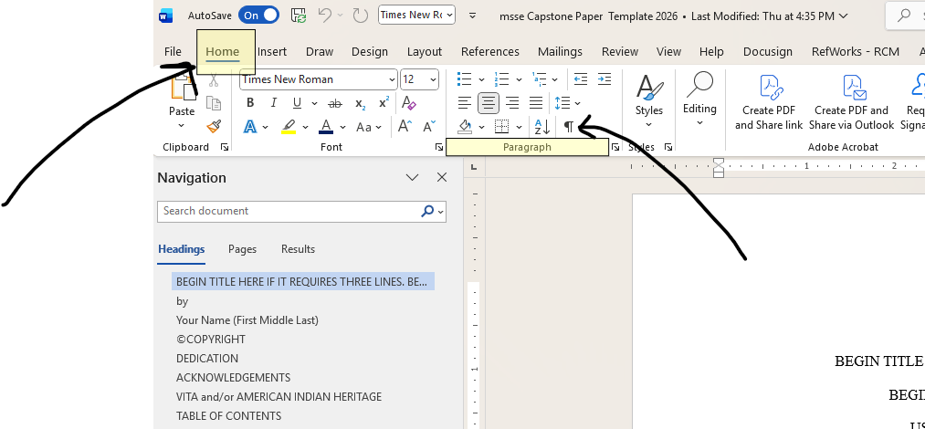 Image showing how to turn on paragraph symbols in your paper.