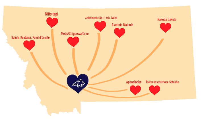 A map of Montana showing arrows drawn from all of the recognized tribal regions in Montana toward MSU.