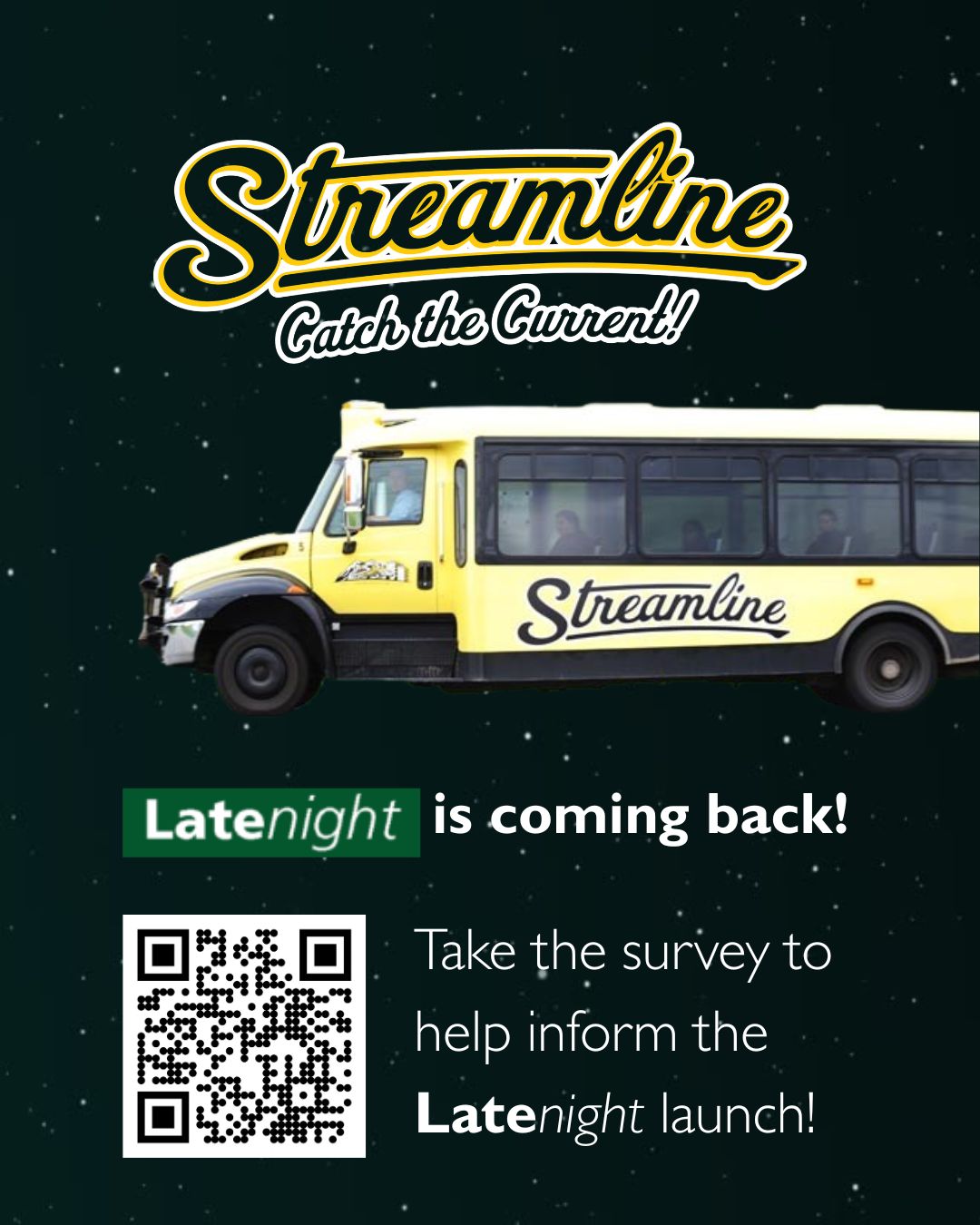 Poster advertising Streamline Late Night with picture of  bus and stars