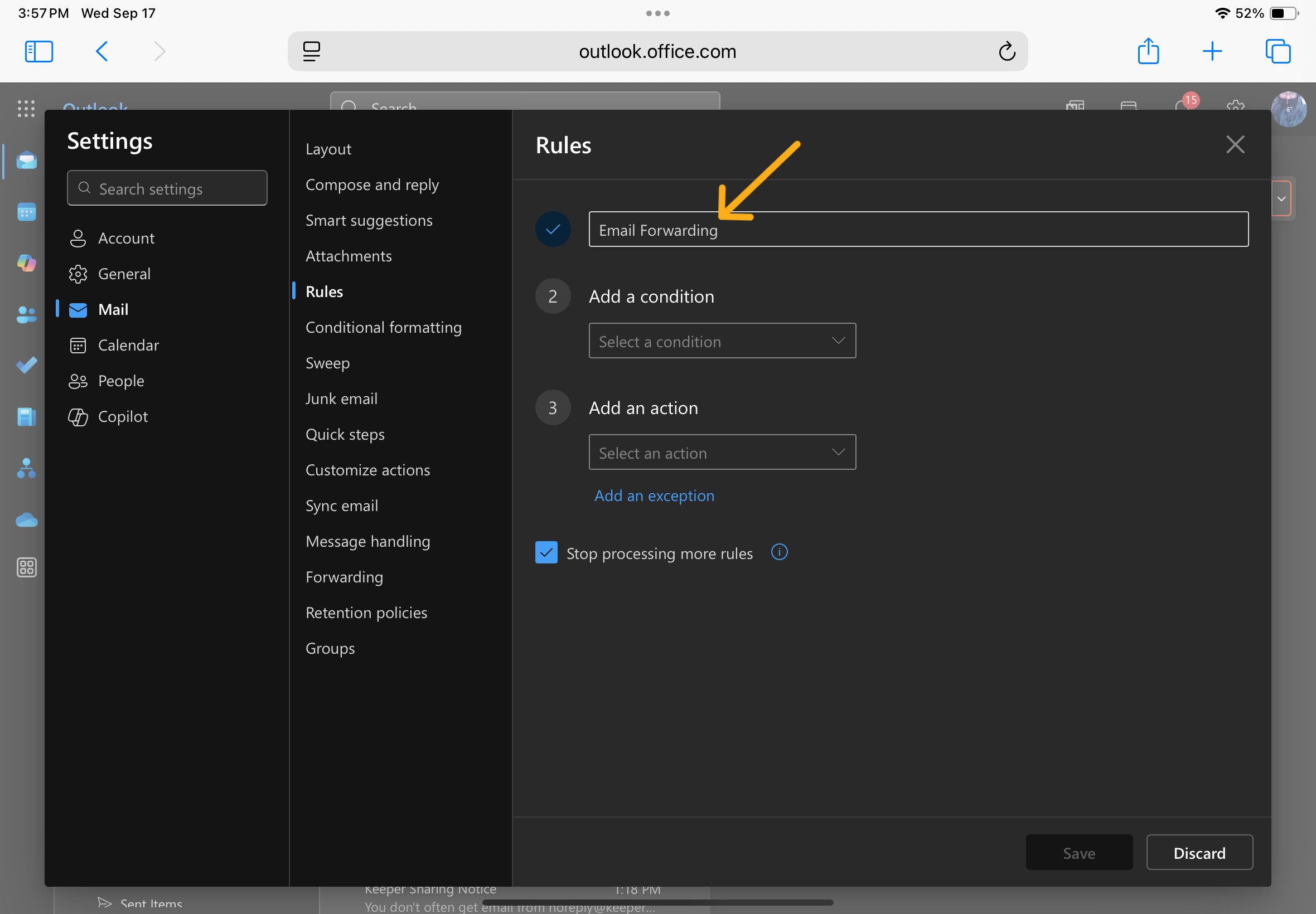 Rules tab with "email forwarding" in the new rule title box.