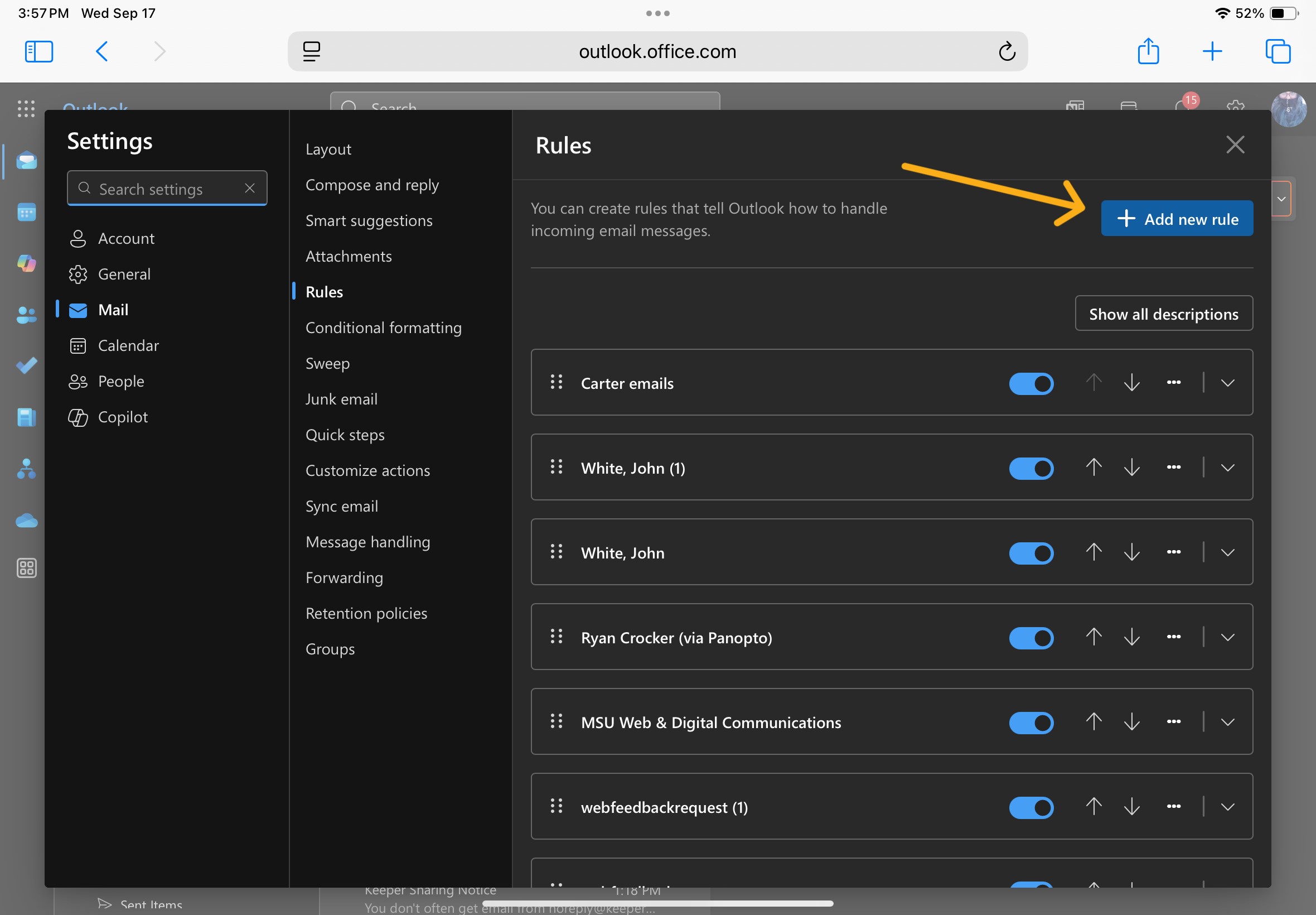 In the rules tab of the settings window, an yellow arrow points to the blue "add new rule" button.