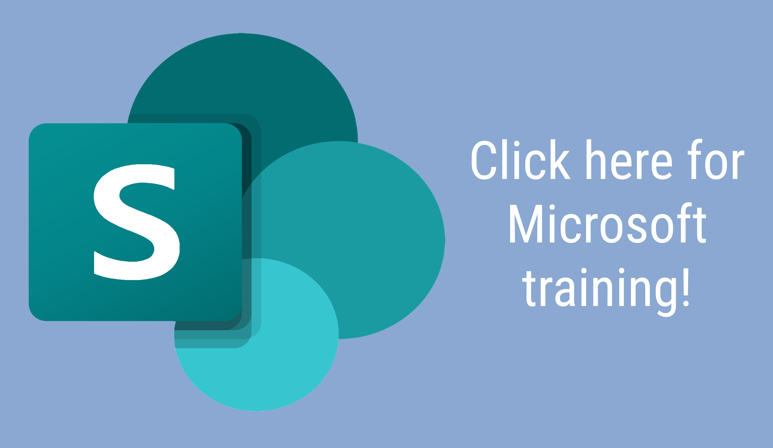 A rectabular button with a light blue background, the SharePoint icon, and white text reading "Click here for Microsoft training!"