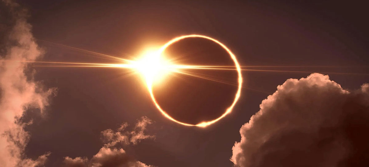 a solar eclipse, a celestial phenomenon occurring when the Moon passes directly between the Sun and Earth.