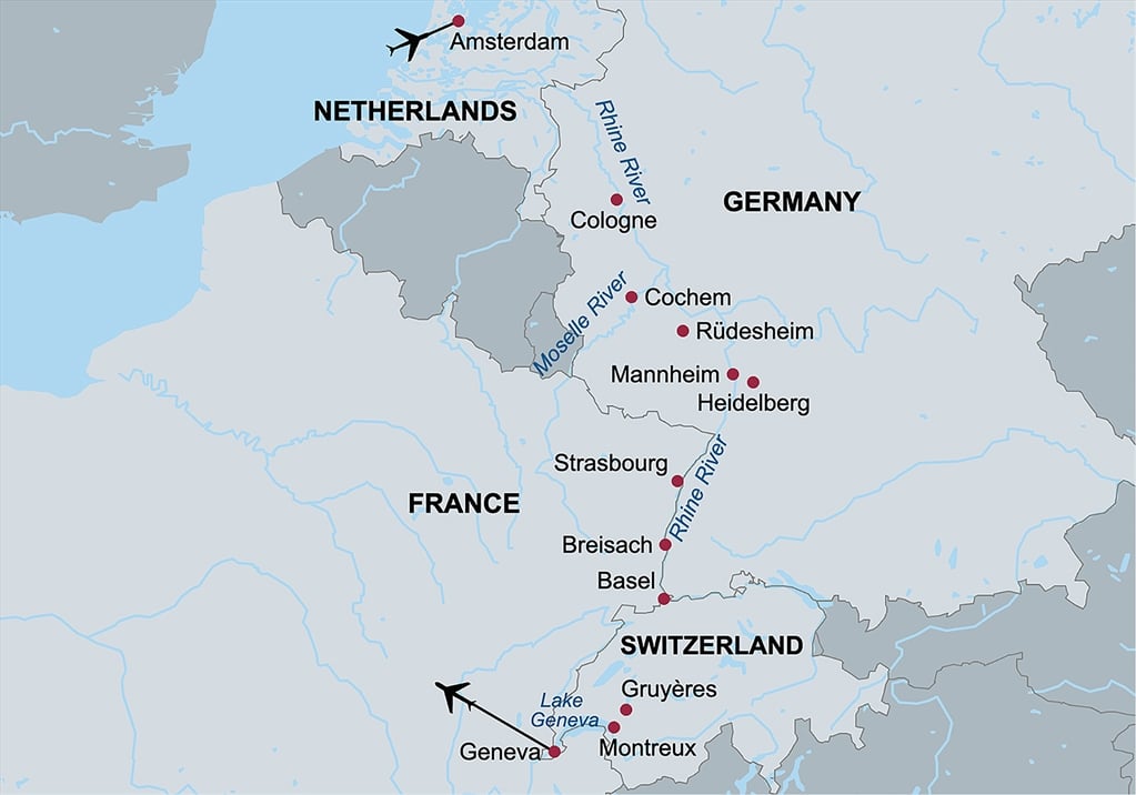 a map showing a route beginning in Amsterdam, Holland, and ending in Geneva, Switzerland