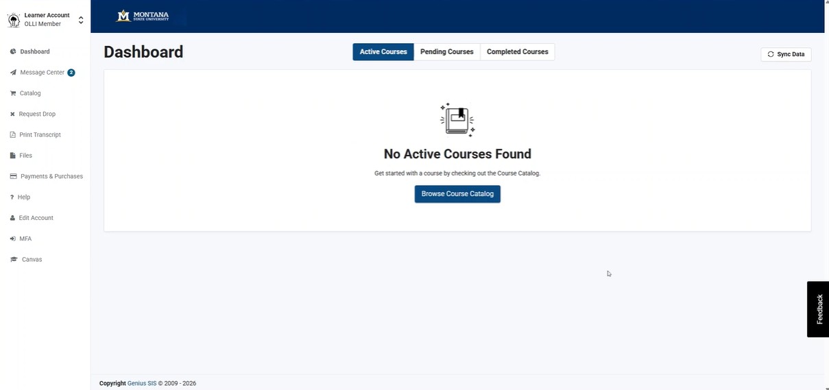 Learner dashboard showing links for courses, messages, drop requests, and payments or purchases