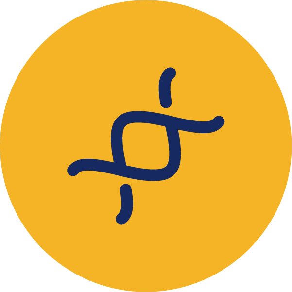 Blue icon of a DNA helix in a yellow circle