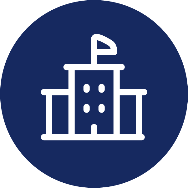 A white icon of a school on a blue circle