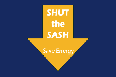 Shut the Sash Save Energy in gold arrow pointing down