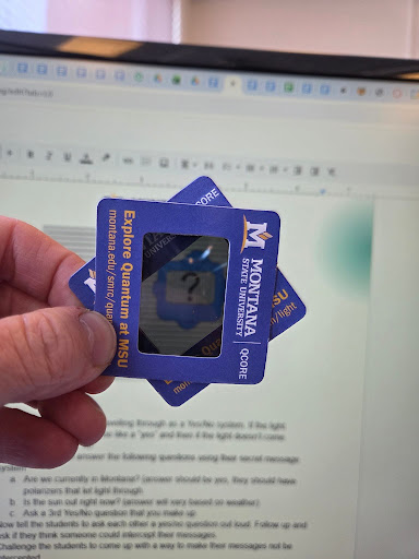 photo of light from the polarized computer screen shining through when the second polarizer is oriented at 45 degrees to the first.