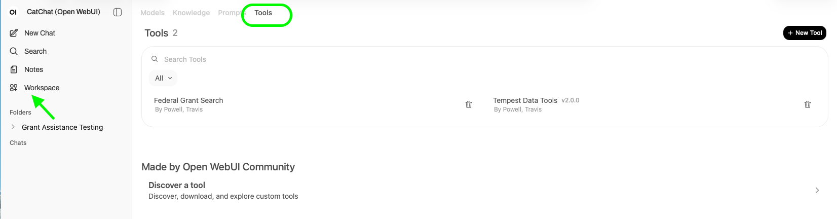 Workspace tab in right hand middle, with Tools header selected