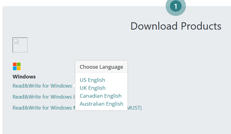 A grey background with Windows product options, as described in the previous image. The product options are covered by a pop-up asking which language you want to use, including US English, UK English, Canadian English, or Australian English.