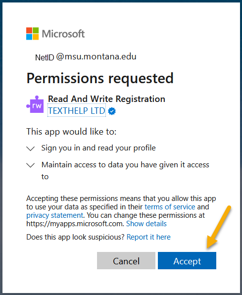 A screenshot of a pop-up from Microsoft asking for permission to let Read and Write Gold to "sign you in and read your profile", and to "maintain access to data you have given it access to". There are buttons for "Cancel" and "Accept".